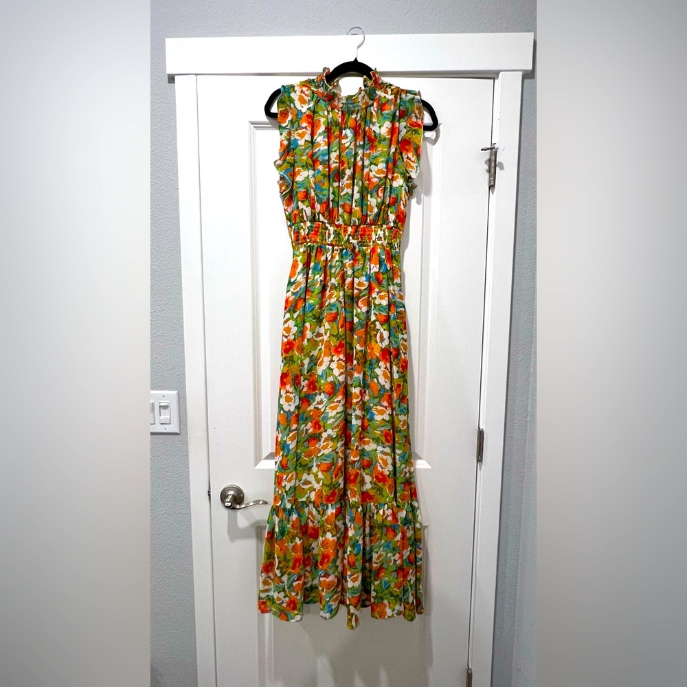 Melloday Smocked Mock Neck Tiered Maxi Dress